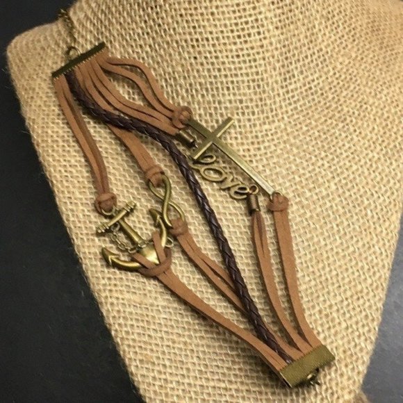 Brass Brown Leather Bracelet Multi Cord Love Cross Anchor Infinity